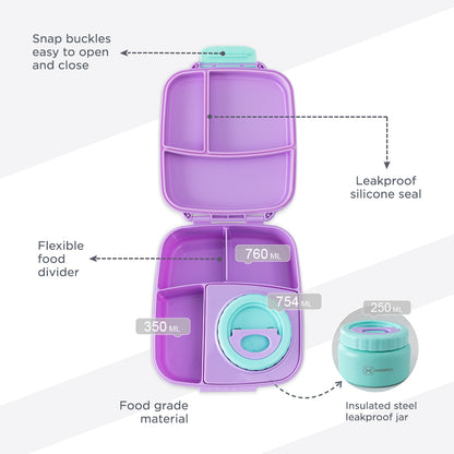 Hydrobrew Personalized Mega Flex Bento Lunch Box 1864ml,  Leakproof Lunch Container with Integrated 250ml Insulated Food Jar- Orchid Mist