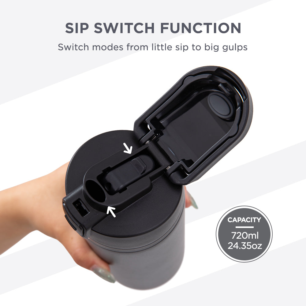 HydroBrew SipSwitch™ Insulated Water Bottle 720ml – Leakproof, Stainless Steel, Straw & Spout Lid -Carbon