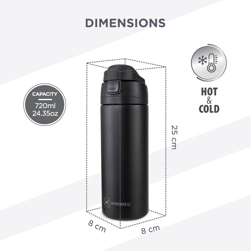 HydroBrew SipSwitch™ Insulated Water Bottle 720ml – Leakproof, Stainless Steel, Straw & Spout Lid -Carbon