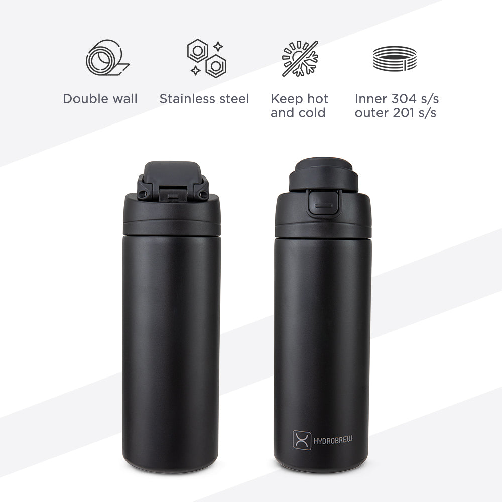HydroBrew SipSwitch™ Insulated Water Bottle 720ml – Leakproof, Stainless Steel, Straw & Spout Lid -Carbon