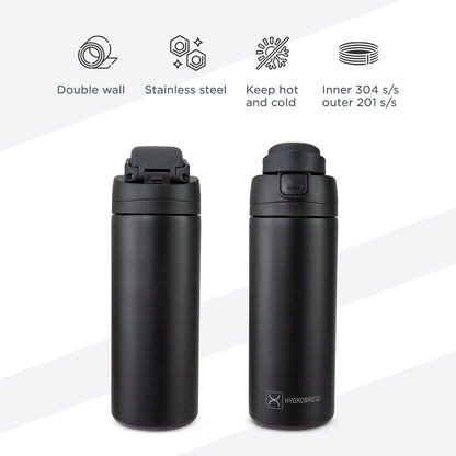 HydroBrew SipSwitch™ Insulated Water Bottle 720ml – Leakproof, Stainless Steel, Straw & Spout Lid -Carbon