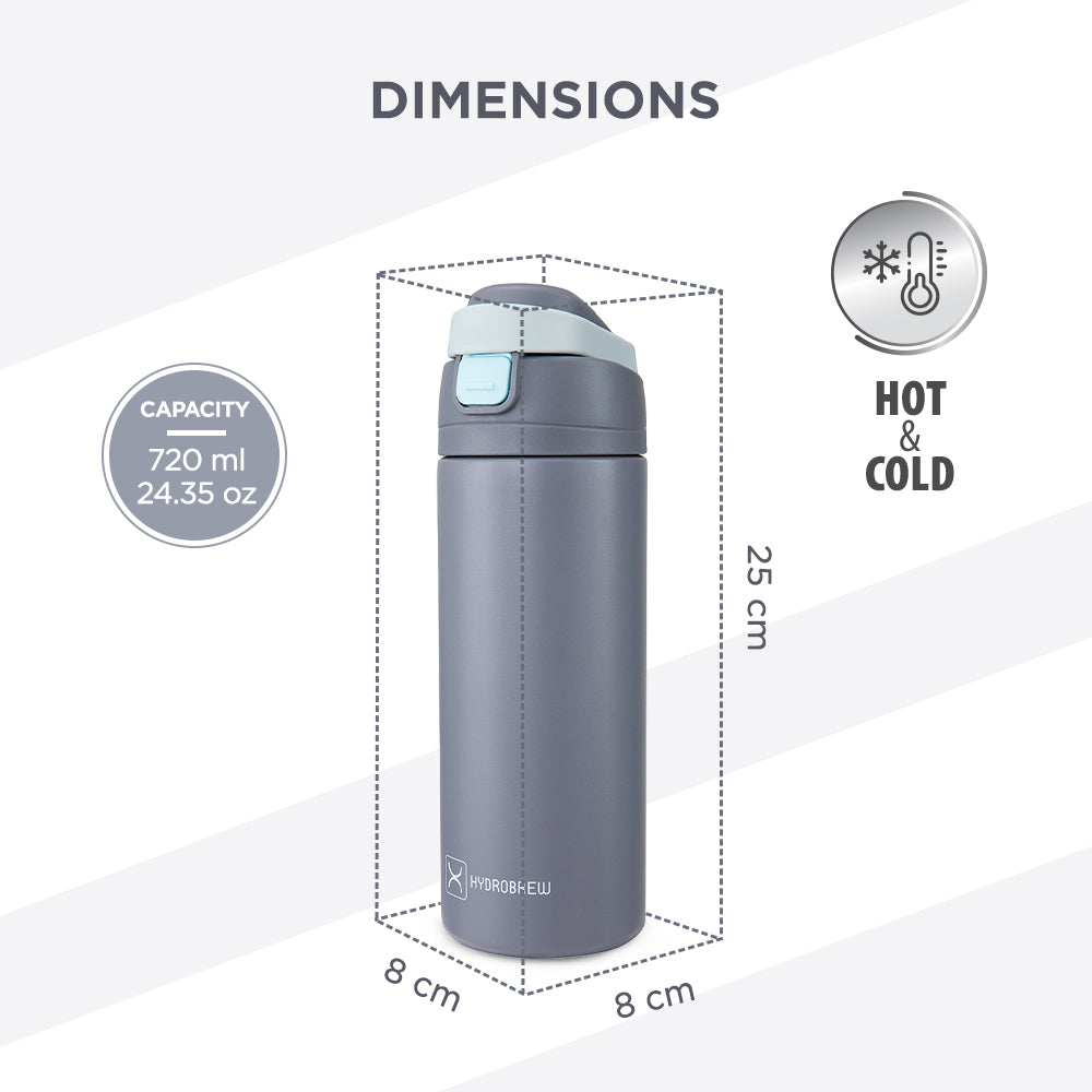 Hydrobrew Personalized SipSwitch™ Insulated Water Bottle 720ml – Leakproof, Stainless Steel, Straw & Spout Lid -Graphite