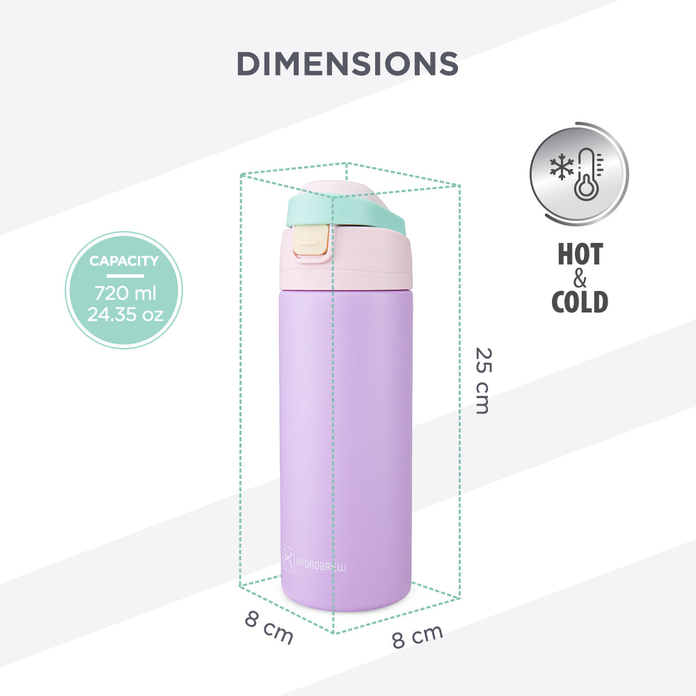 Hydrobrew Personalized SipSwitch™ Insulated Water Bottle 720ml – Leakproof, Stainless Steel, Straw & Spout Lid -Orchid Mist