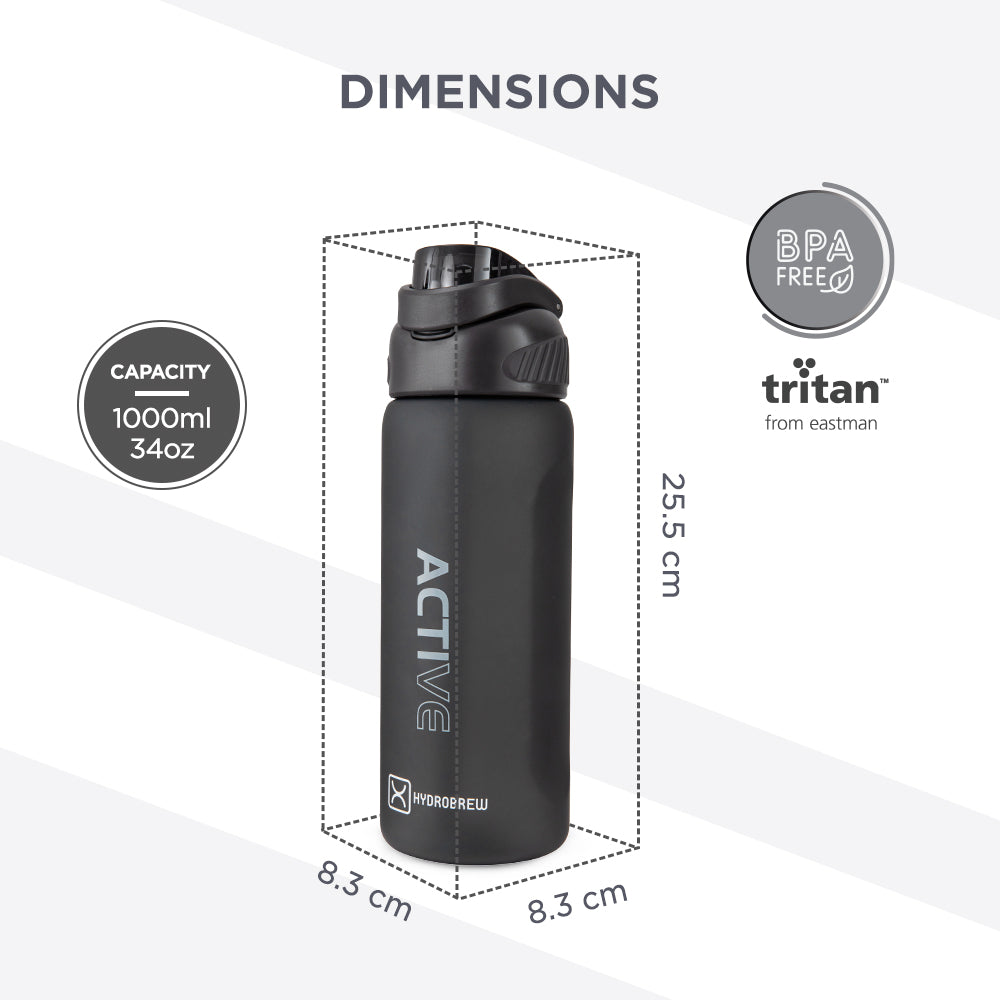 Hydrobrew Personalized Sip Switch Tritan Water Bottle 1000ml Leakproof, BPA Free, Straw & Spout Lid- Carbon