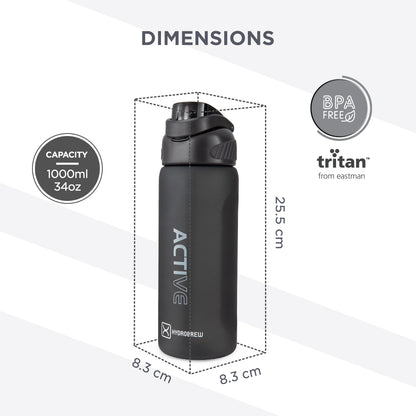 Hydrobrew Personalized Sip Switch Tritan Water Bottle 1000ml Leakproof, BPA Free, Straw & Spout Lid- Carbon