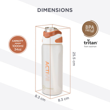 HYDROBREW Sip Switch Tritan Water Bottle 1000ml Leakproof, BPA Free, Straw & Spout Lid- Ivory Terracotta