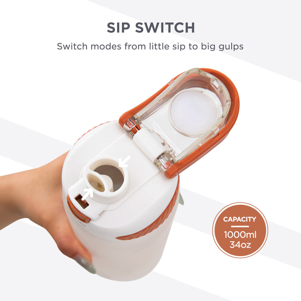 HYDROBREW Sip Switch Tritan Water Bottle 1000ml Leakproof, BPA Free, Straw & Spout Lid- Ivory Terracotta