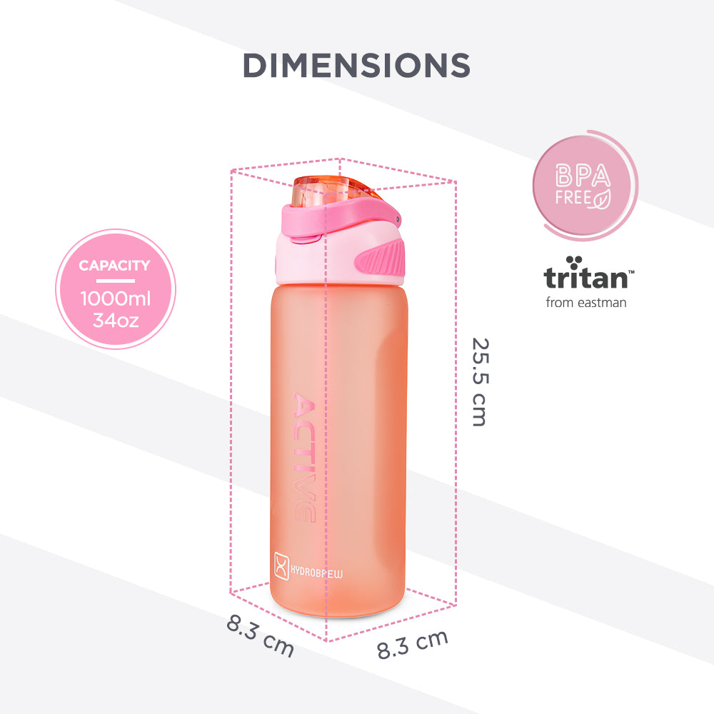HYDROBREW Sip Switch Tritan Water Bottle 1000ml Leakproof, BPA Free, Straw & Spout Lid- Rose Silk