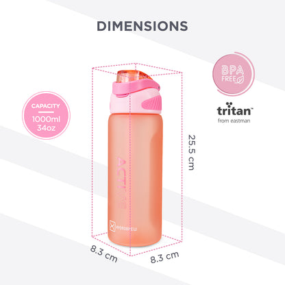 Hydrobrew Personalized Sip Switch Tritan Water Bottle 1000ml Leakproof, BPA Free, Straw & Spout Lid- Rose Silk