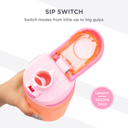 Hydrobrew Personalized Sip Switch Tritan Water Bottle 1000ml Leakproof, BPA Free, Straw & Spout Lid- Rose Silk