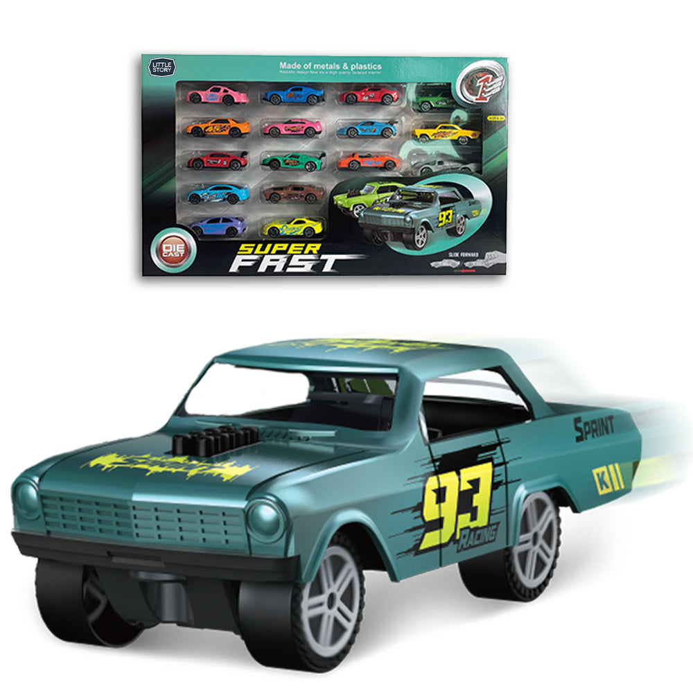 LITTLE STORY 16Pcs Slide Die Cast Toy Car Play Set