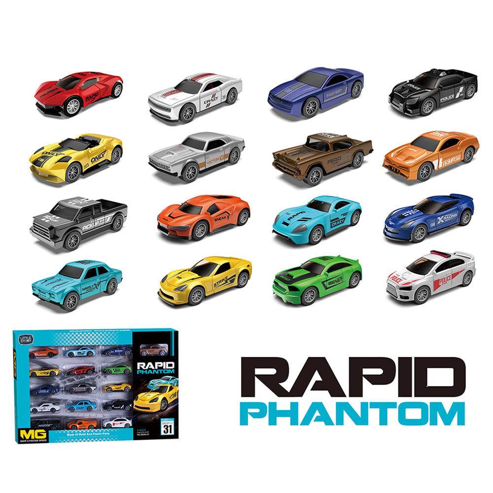 LITTLE STORY 16Pcs Slide Die Cast Toy Rapid Car Set