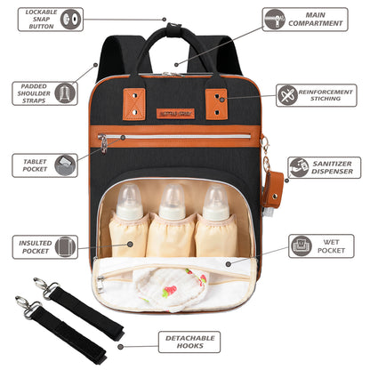 LITTLE STORY 2in1 Diaper Bag w/Sanitizer Bottle keychain & Stroller Hooks - Black