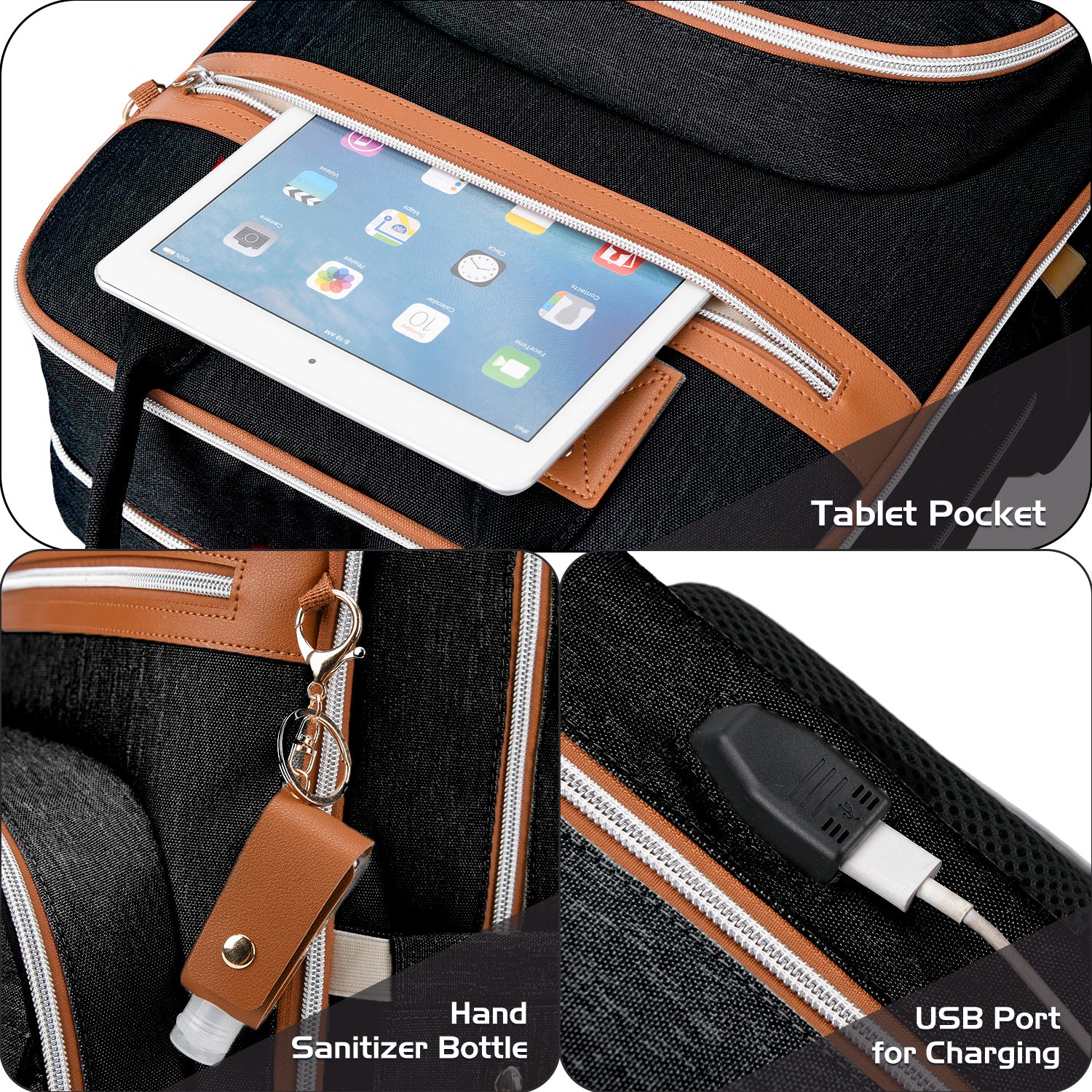 LITTLE STORY 2in1 Diaper Bag w/Sanitizer Bottle keychain & Stroller Hooks - Black