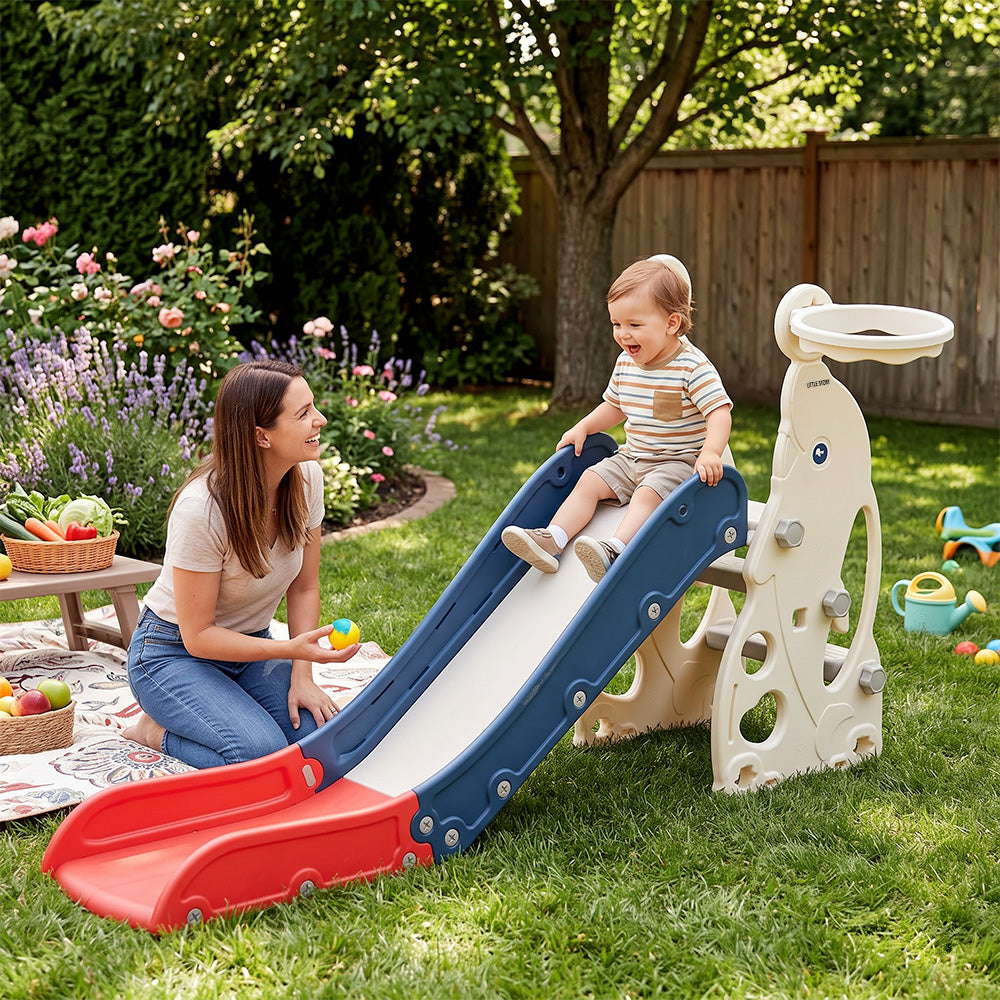 Little Story Kids Slide & Basketball Hoop-Indoor & Outdoor,Blue