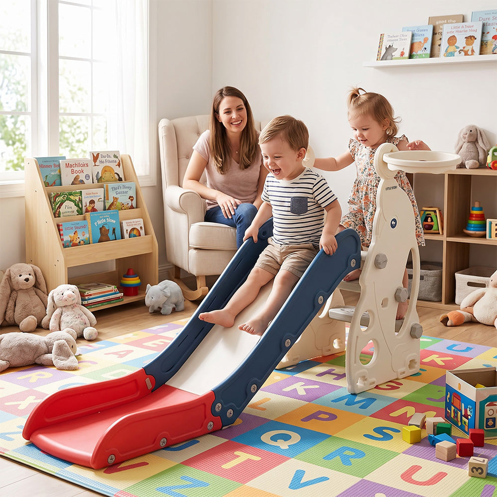 Little Story Kids Slide & Basketball Hoop-Indoor & Outdoor,Blue