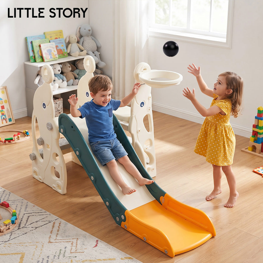 Little Story Kids Slide & Basketball Hoop -Indoor & Outdoor,Green