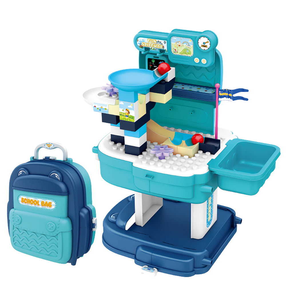 LITTLE STORY Role Play Theme Park With Slide And Block Toy Set School Bag (52 Pcs) - Blue, 2 - In - 1 Mode