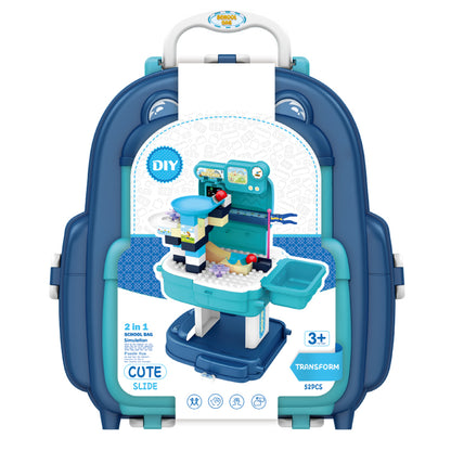 LITTLE STORY Role Play Theme Park With Slide And Block Toy Set School Bag (52 Pcs) - Blue, 2 - In - 1 Mode
