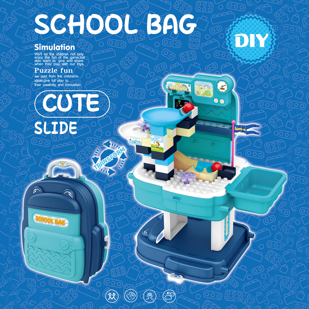 LITTLE STORY Role Play Theme Park With Slide And Block Toy Set School Bag (52 Pcs) - Blue, 2 - In - 1 Mode