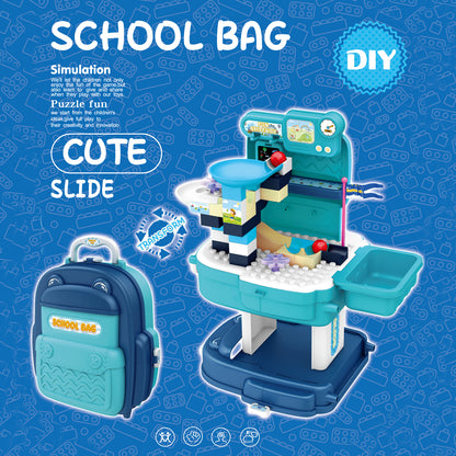LITTLE STORY Role Play Theme Park With Slide And Block Toy Set School Bag (52 Pcs) - Blue, 2 - In - 1 Mode
