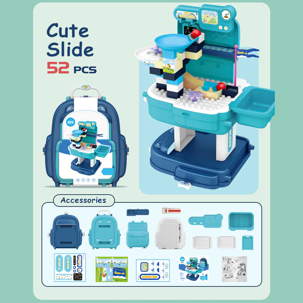 LITTLE STORY Role Play Theme Park With Slide And Block Toy Set School Bag (52 Pcs) - Blue, 2 - In - 1 Mode