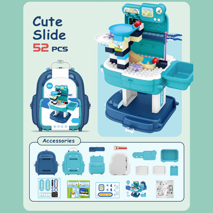 LITTLE STORY Role Play Theme Park With Slide And Block Toy Set School Bag (52 Pcs) - Blue, 2 - In - 1 Mode