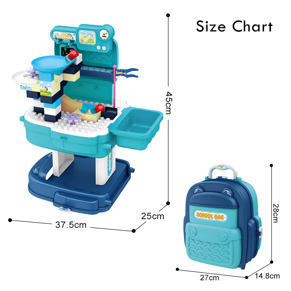 LITTLE STORY Role Play Theme Park With Slide And Block Toy Set School Bag (52 Pcs) - Blue, 2 - In - 1 Mode