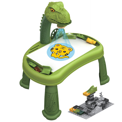 LITTLE STORY DIY T - Rex 3 - IN - 1 Spinning Puzzle Block Table, Projection Drawing Board & Learning Table Set (81 Pcs), STEM Series - Multicolor
