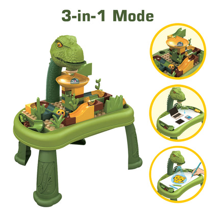 LITTLE STORY DIY T - Rex 3 - IN - 1 Spinning Puzzle Block Table, Projection Drawing Board & Learning Table Set (81 Pcs), STEM Series - Multicolor