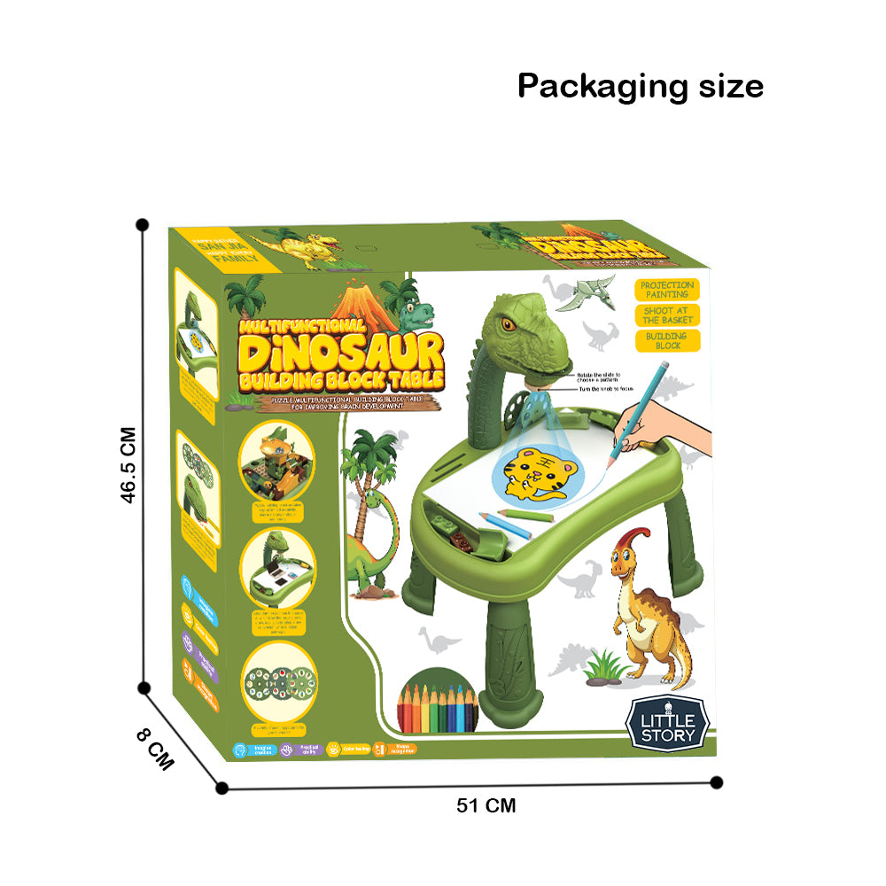 LITTLE STORY DIY T - Rex 3 - IN - 1 Spinning Puzzle Block Table, Projection Drawing Board & Learning Table Set (81 Pcs), STEM Series - Multicolor