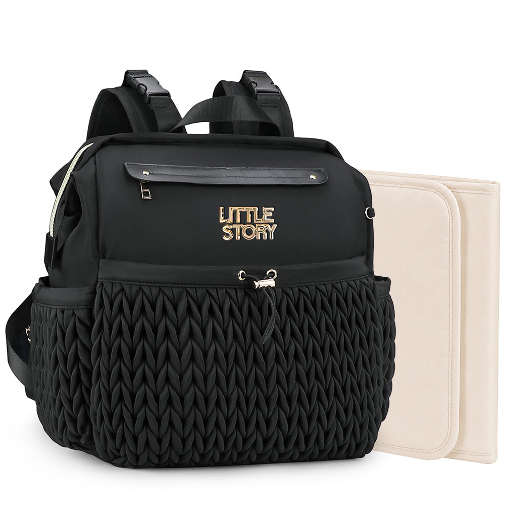 Little Story Diaper Backpack with Changing Pad & Laptop Sleeve – Water-Repellent Baby Nappy Bag, Black