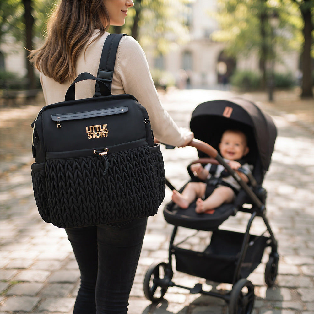 Little Story Diaper Backpack with Changing Pad & Laptop Sleeve – Water-Repellent Baby Nappy Bag, Black