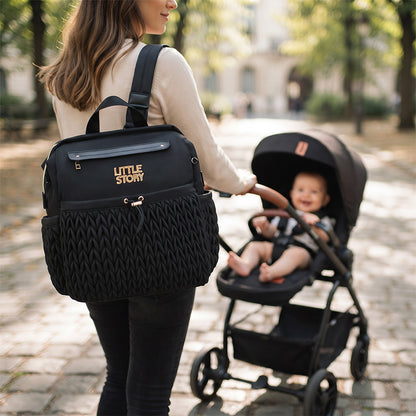 Little Story Diaper Backpack with Changing Pad & Laptop Sleeve – Water-Repellent Baby Nappy Bag, Black