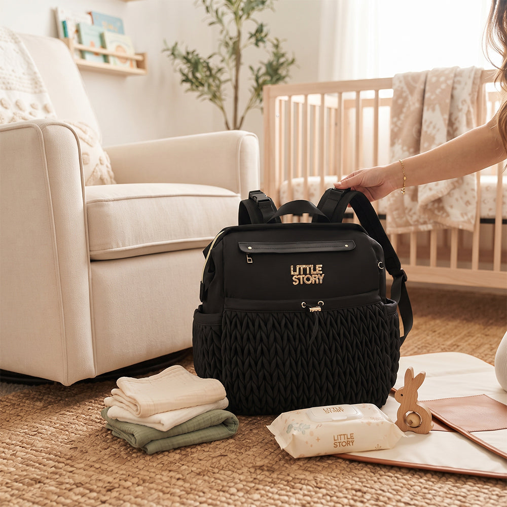 Little Story Diaper Backpack with Changing Pad & Laptop Sleeve – Water-Repellent Baby Nappy Bag, Black