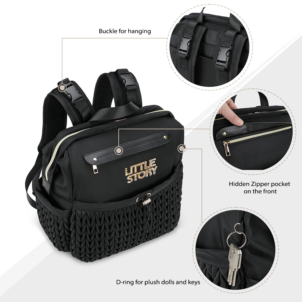 Little Story Diaper Backpack with Changing Pad & Laptop Sleeve – Water-Repellent Baby Nappy Bag, Black