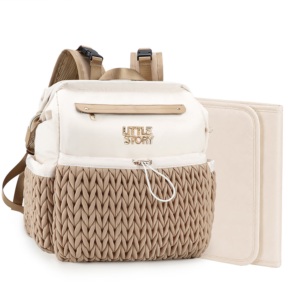Little Story Diaper Backpack with Changing Pad & Laptop Sleeve – Water-Repellent Baby Nappy Bag, Khaki
