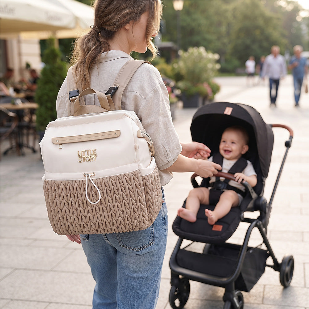 Little Story Diaper Backpack with Changing Pad & Laptop Sleeve – Water-Repellent Baby Nappy Bag, Khaki