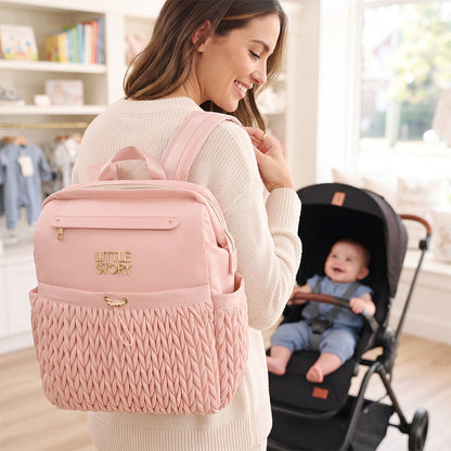 Little Story Diaper Backpack with Changing Pad & Laptop Sleeve – Water-Repellent Baby Nappy Bag, Blush Pink
