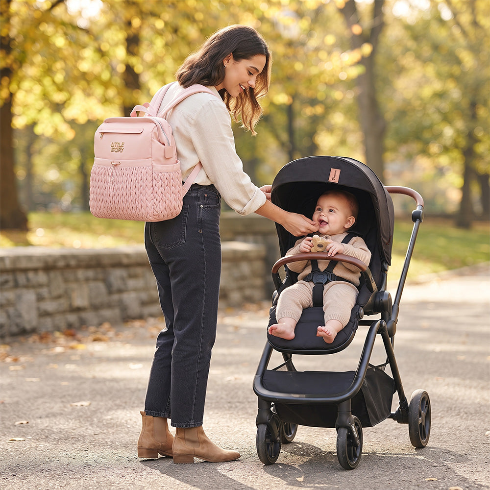 Little Story Diaper Backpack with Changing Pad & Laptop Sleeve – Water-Repellent Baby Nappy Bag, Blush Pink