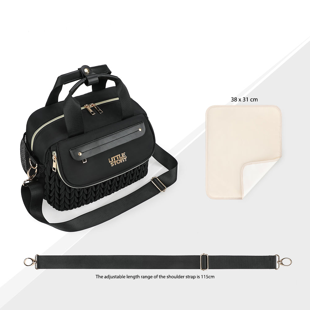 Little Story Compact Diaper Backpack with Changing Pad & Shoulder Strap – Water-Repellent Baby Nappy Bag, Black