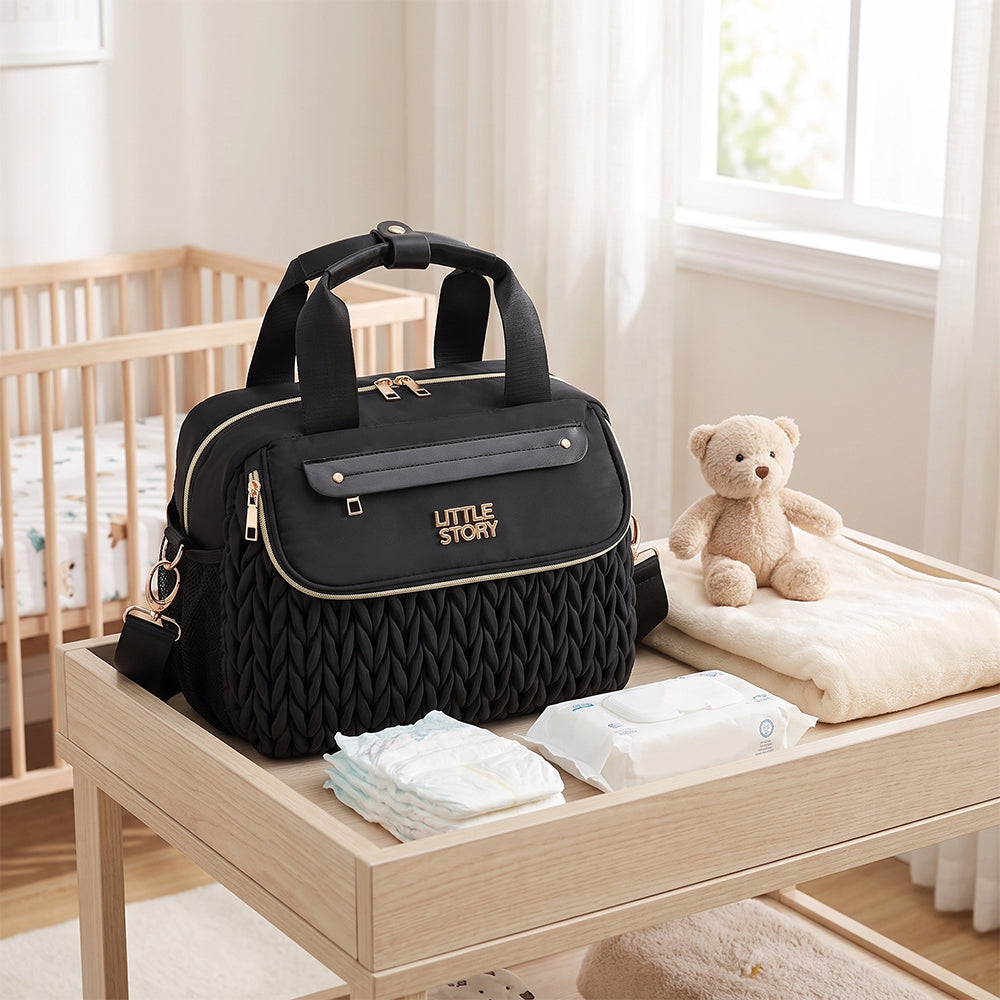 Little Story Compact Diaper Backpack with Changing Pad & Shoulder Strap – Water-Repellent Baby Nappy Bag, Black