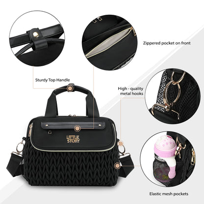 Little Story Compact Diaper Backpack with Changing Pad & Shoulder Strap – Water-Repellent Baby Nappy Bag, Black