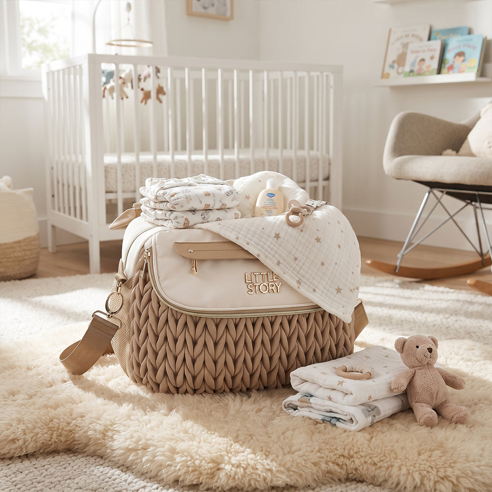 Little Story Compact Diaper Backpack with Changing Pad & Shoulder Strap – Water-Repellent Baby Nappy Bag, Khaki