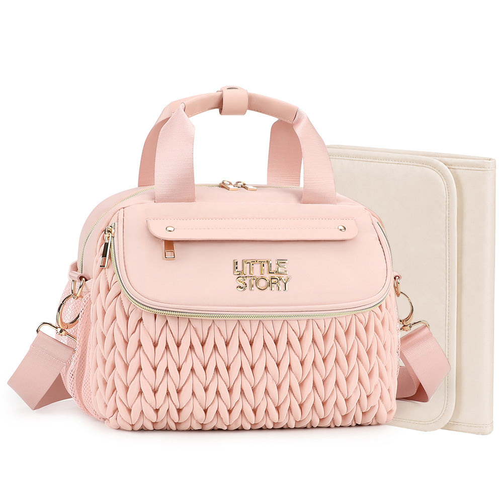 Little Story Compact Diaper Backpack with Changing Pad & Shoulder Strap – Water-Repellent Baby Nappy Bag, Blush Pink
