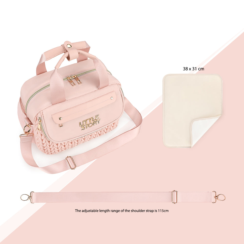Little Story Compact Diaper Backpack with Changing Pad & Shoulder Strap – Water-Repellent Baby Nappy Bag, Blush Pink