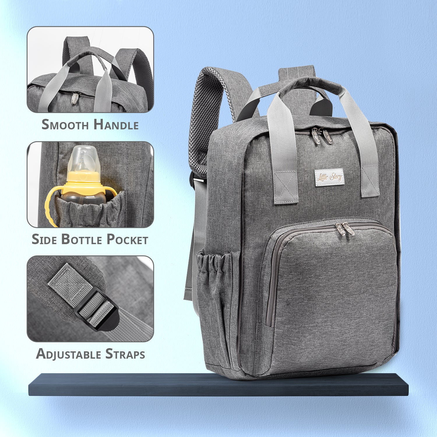 LITTLE STORY Stylish Diaper Travel Backpack wt Changing Pad - Grey