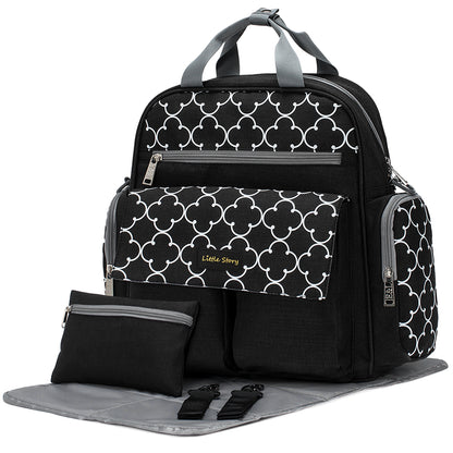 LITTLE STORY convertible Diaper Bag w/Zipper Pouch, Stroller Hooks & Changing mat - Black