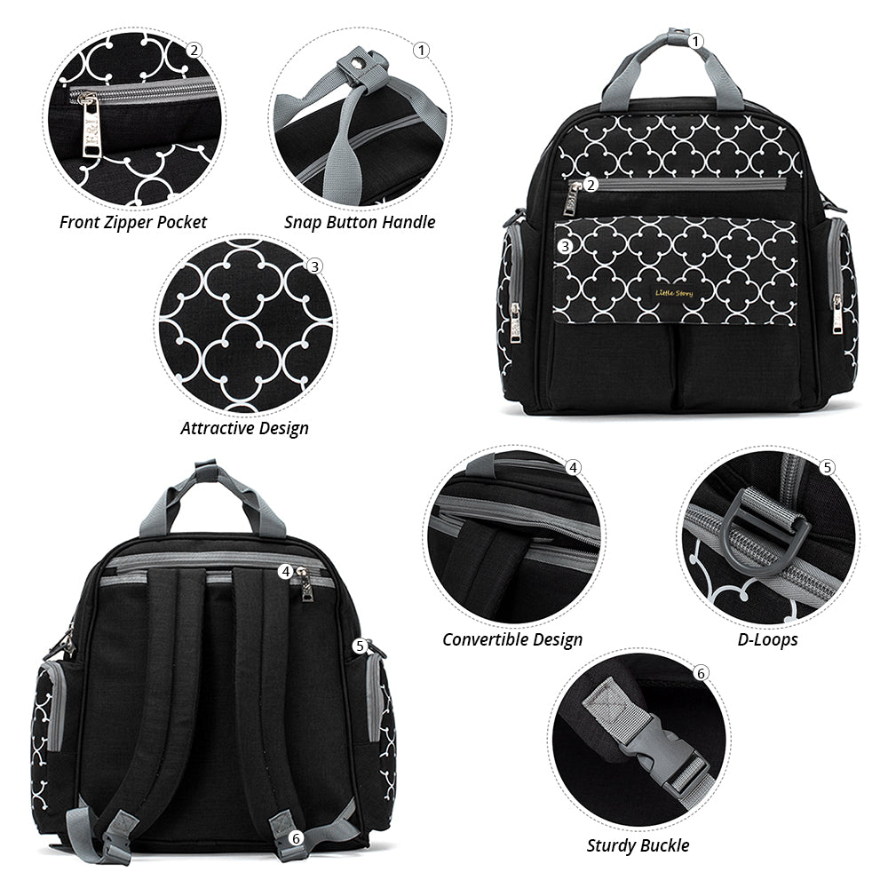 LITTLE STORY convertible Diaper Bag w/Zipper Pouch, Stroller Hooks & Changing mat - Black