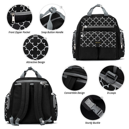 LITTLE STORY convertible Diaper Bag w/Zipper Pouch, Stroller Hooks & Changing mat - Black